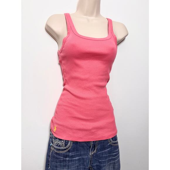 Ralph Lauren Tops - Ralph Lauren Coral Pink Fitted Baby Tank Top Yellow Embroidered Polo Logo